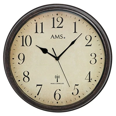 Afbeelding van AMS F5962 Wandklok Analoog Rond Radiogestuurde tijdsaanduiding Metaal MineraalGlas Ø32 cm Bruin