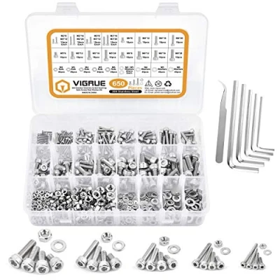 Afbeelding van VIGRUE schroevenset van 650 stuks, M2, M3, M4, M5, M6, binnenzeskant 304 roestvrij staal, volledige schroefdraad, cilinderschroeven met moeren en sluitringen in assortimentsdoos