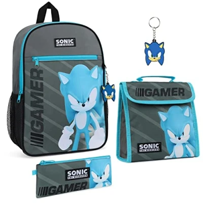 Afbeelding van SONIC THE HEDGEHOG jongens rugzak schooltas sets met lunchtas etui sleutelhanger 4 delige kinderen reistas set sonische geschenken voor jongens, Grijs/Blauw, Eén maat,