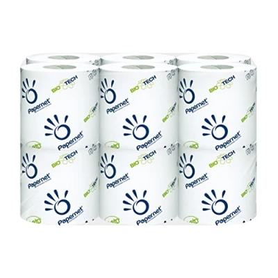 Afbeelding van Papernet Bio Tech 2 laags toiletpapier 407569 8 verpakkingen met 12 afzonderlijk verpakte rollen elk 165 vellen 11 x 9,5 cm rollengte 18,1 m diameter 10 wc papier wit standaard