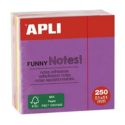 Afbeelding van APLI 11596 — Grappige kleverige notities 51 x mm Mini Cube 250 vellen 5 verschillende kleuren Fluorescerend