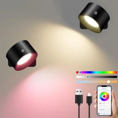 Afbeelding van Diealles Shine Slimme wandlamp voor binnen, 2 stuks, dimbare zonder stroomaansluiting, 360 draaibare accu, boren, 3 kleurtemperaturen, RGB &amp; sfeermodi, app en