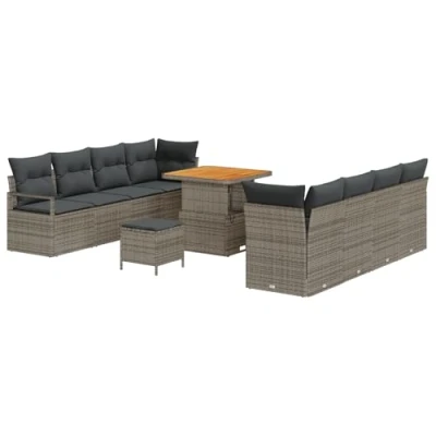 Afbeelding van vidaXL 11 delige Tuin Sofa Set met Kussens Grijs Poly Rattan Acacia, 2 zits Rattan, 3 Eettafel Acacia