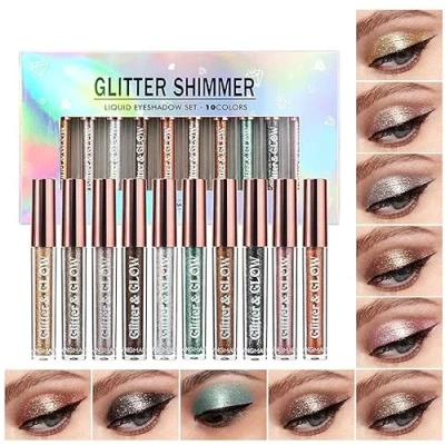 Afbeelding van 10 kleuren metallic glitter vloeibare oogschaduw set rookachtige waterdichte langdurige sneldrogende oogmake up kits