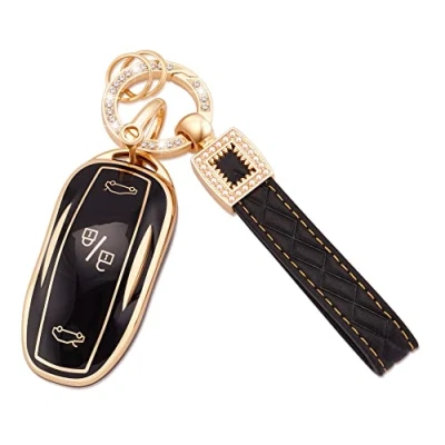 Afbeelding van Koaudb voor Tesla Key Fob Cover Holder, 3 knoppen Soft TPU Protector met lederen sleutelhanger Geschikt Model S Y Smart Case (BP TSL)