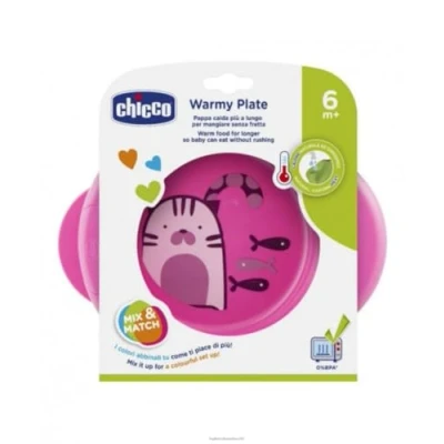 Afbeelding van Chicco Warmy Bord, Warmhoudbord voor Baby&#039;s en Peuters, Thermobord met Warm Water Reservoir, Siliconen Bord Antislip Onderkant Ergonomisch Ontwerp 6+ Maanden, Tafelgerei Baby, Roze