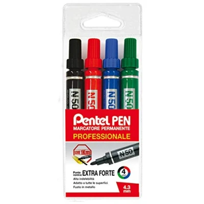 Afbeelding van Pentel Pen N50 permanente marker conische punt zak 4 verschillende kleuren (zwart, rood, blauw, groen)