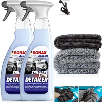 Afbeelding van detailmate Droogreiniger autoset: 2 x Sonax Xtreme BrilliantShine Detailer, 750 ml spuitfles + kortpolige microvezeldoek 320 g/m² langpolige polijstdoek 550 beschermende handschoenen