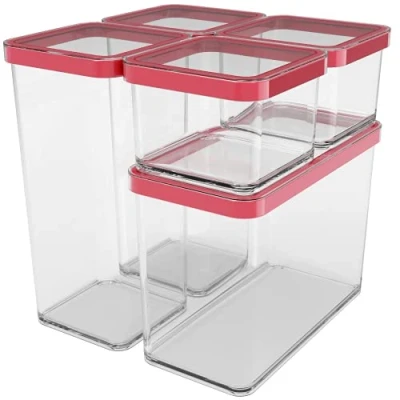 Afbeelding van Rotho Loft Set van 5 voorraadpotten met deksel, verschillende maten, voedselveilig plastic (PP) BPA vrij, transparant/rood, (21.4 x 21.4 23.5 cm)