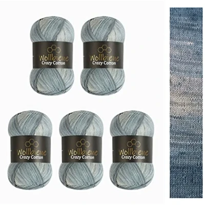Afbeelding van Wollbiene Crazy Cotton Batik, 5 x 100 g, 500 gram met kleurverloop, 55% katoen, meerkleurig, breiwol, wol, voor het hele jaar (6030 grijs wit)