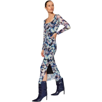 Afbeelding van Trendyol Zwarte Tule Gebloemde Maxi Flexibele Gebreide Kokerjurk Met Vierkante Hals En Lange Mouwen Twoaw24El00291