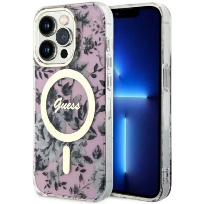 Afbeelding van Guess Flower Back Case (MagSafe Compatible) Geschikt voor Apple iPhone 14 Pro (6.1&quot;) Roze