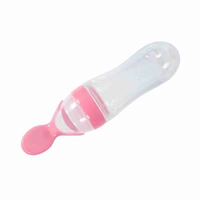 Afbeelding van Zerodis Babyvoedingslepel Siliconen Knijplepel Rijstgraangewas Groente Fruitpuree Feeder Draagbaar voor Peuters 90ml (Roze)