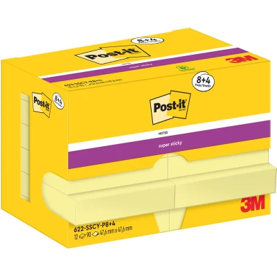 Afbeelding van Post It Super Sticky Notes, 90 vel, ft 47,6 x mm, geel, 8 + 4 GRATIS memoblok