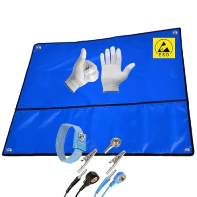 Afbeelding van Minadax® XXL 60 x 80cm antistatische mat in blauw, 4 aansluitingen, ESD armband en aardingskabel bijv. voor werken aan de pc toren