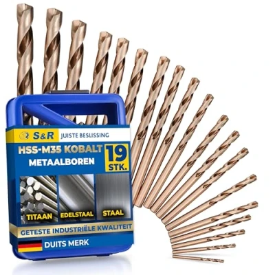 Afbeelding van S&amp;R Metaalboorset 1,0 10 mm, 19 stuks, industriële kwaliteit, extra lange levensduur, HSS Cobaltgelegeerd, C slijping volgens DIN 1412 135, geslepen, spiraalboor staalboor, roestvrij stalen boor