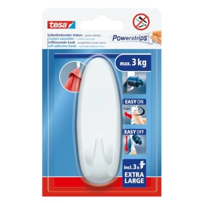 Afbeelding van tesa Powerstrips Zelfklevende Haak XL Ovaal Met Extra Sterke Grip Herbruikbare Muurhaak voor Badkamer of Keuken Montage zonder Boren Wit 1 x 3