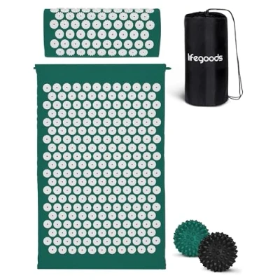 Afbeelding van LifeGoods Acupressuur Mat met Kussen, 2x Triggerpoint Massage Ballen en Draagtas Spijkermat voor Ontspanning Pijnverlichting Acupunctuur Set Lotus Shakti Groen &amp; Wit