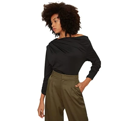 Afbeelding van Trendyol Dames Black Kayak Collar Draped Gebreide Blouse, zwart, XL