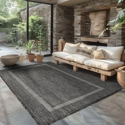 Afbeelding van Buitentapijt Effen Weerbestendig Terras Balkon Tuin Keukentapijt Platgeweven Sisal look, Kleur: Zwart, Maat: 200 x 290 cm