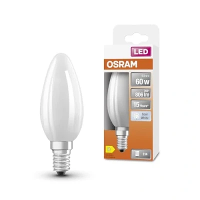 Afbeelding van OSRAM LED Star Classic lamp in klassieke minikersvorm, wit, koud licht (4000 K) met 5,5 W/806 lm, van ijsbestendig glas, E14 fitting, IP20, EEK D, 35 mm diameter.