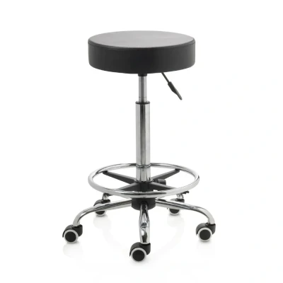 Afbeelding van Tabouret met voetring op harde wieltjes chroom frame hoge gasveer zwart ZenGrowth