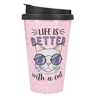 Afbeelding van Depesche 2180.031 To Go beker van kunststof met spreuk, 350 ml, herbruikbaar, Life is Better with a Cat