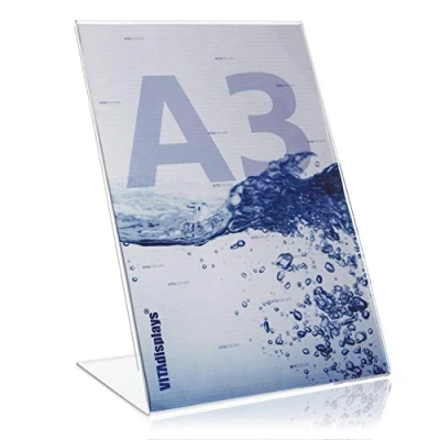 Afbeelding van VITAdisplays DIN A3 reclamedisplay, L vormige standaard, displaystandaard in verticaal formaat, originele PLEXIGLAS tafeldisplaystandaard