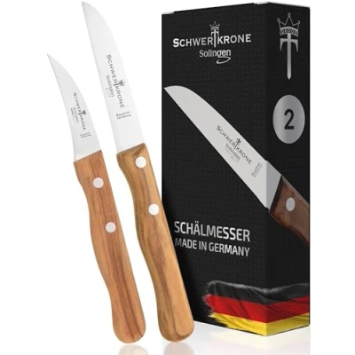 Afbeelding van Schwertkrone Solingen Schilmes set van 2 fruitmes en groentemes met olijfhouten handvat 15,5 cm gebogen / 17,5 roestvrij vogelsnavel recht