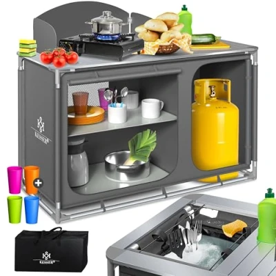 Afbeelding van KESSER® Campingkeuken, incl. draagtas en bekerset, campingkast, vouwkast, met aluminium frame, reiskeuken, keukenbox, tentkast, outdoor camping keuken, grijs, type F4