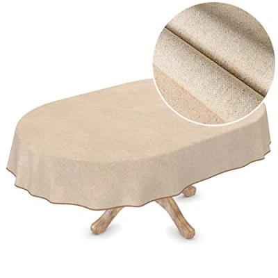 Afbeelding van Wasdoek tafelkleed, afwasbaar tafelkleed in linnenlook, beige, effen, duurzaam, ovaal, 180 x 140 cm