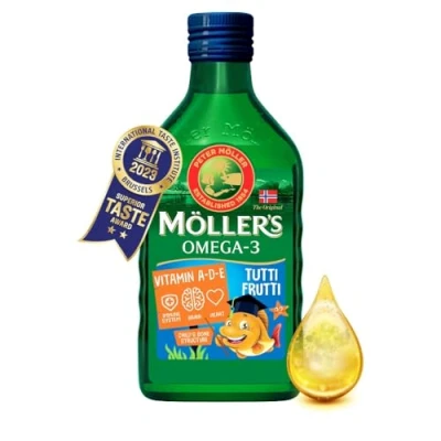 Afbeelding van Moller&#039;s ® Omega 3 kinderlevertraan, Noors voedingssupplement met EPA, DHA, vitamine A, D en E, merk van meer dan 160 jaar oud, Tutti Frutti, 250 ml