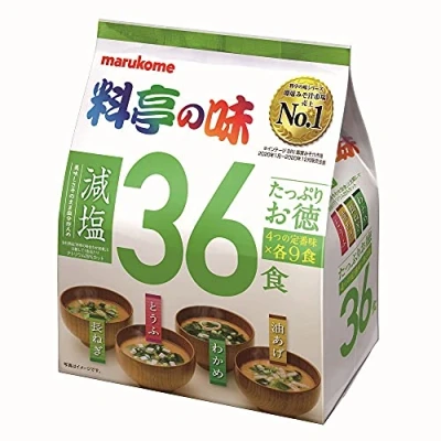 Afbeelding van Marukome Miso Ryotei no Aji soep, 4 smaken, gereduceerd in zout, verpakking met 36 Japanse instantsoepen (wakame algen, lente uien, tofu, aburaage)