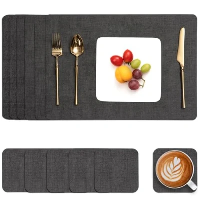 Afbeelding van Myir JUN Placemats, afwasbaar en onderzetters, afwasbaar, tafelset, kunstleer, antifouling antislip, lederlook (grijs, set van 6)