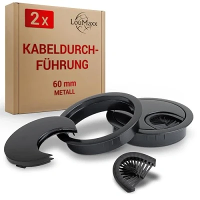 Afbeelding van LouMaxx kabeldoorvoer 60 mm set van 2 metaal zwart bureau met stofafdichting voor meer orde