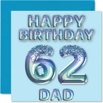 Afbeelding van 62e verjaardagskaart voor papa blauwe glitter feestballonnen gelukkige verjaardagskaarten 62 jarige vader van zoon dochter, 145 mm x cadeau