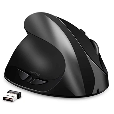 Afbeelding van Linkshandige muis, AURTEC oplaadbare 2.4G draadloze ergonomische verticale muizen met USB ontvanger, 6 knoppen en 3 verstelbare DPI 800/1200/1600 voor linkerhand, zwart