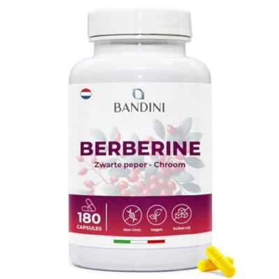 Afbeelding van Bandini® Berberine 1000 mg, 180 veganistische capsules, Met chroom en zwarte peper voor betere opname, Het best geconcentreerde extract van Berberis Vulgaris, Berberin HCL reguleert de spijsvertering