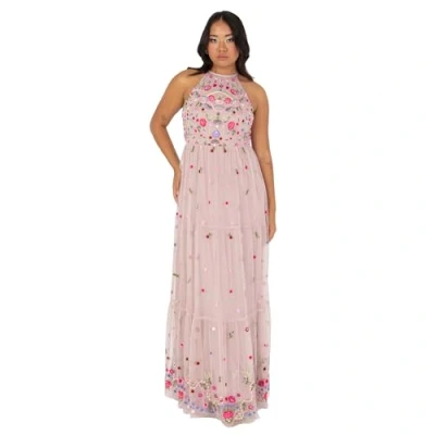 Afbeelding van Maya Deluxe Maxi jurk voor dames, mouwloze halterhals, gelaagde bloemenborduurde, A lijn bruiloft, gast, avondbaljurk, Frosted Roze, 44
