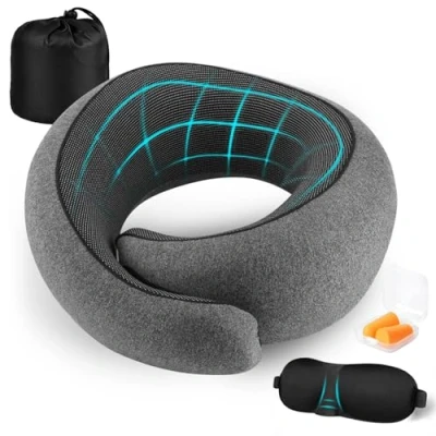 Afbeelding van GOLXUWO Nekkussen vliegtuig, traagschuim orthopedisch nekkussen, compact reiskussen voor lange vluchten met 3D slaapmasker en oordopjes, je essentiële reisgenoot