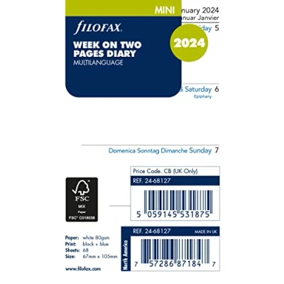 Afbeelding van Filofax Mini week op twee pagina&#039;s 4 taal 2024 dagboek navulling, Wit