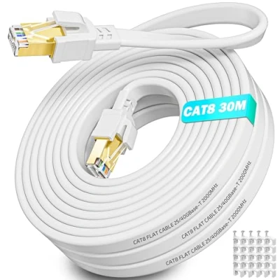Afbeelding van Ethernet Kabel 30m, Cat 8 Cable Netwerkkabel 30 Meter Hoge Snelheid Afgeschermde 40Gbps 2000MHz LAN 30m Platte Network Internet Wit RJ45 Patchkabel (30M)