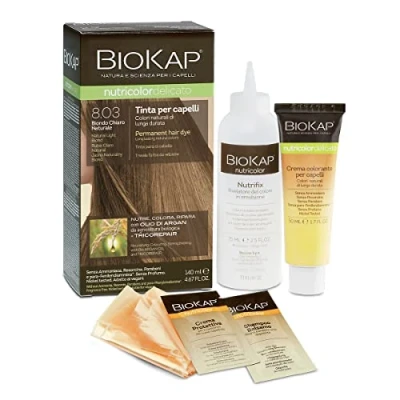 Afbeelding van BIOKAP Nutricolor Delicato haarverf 8.03 lichtblond, zonder ammoniak, maakt het haar zacht en glanzend, haarkleur met natuurlijke kleuren, 140 ml