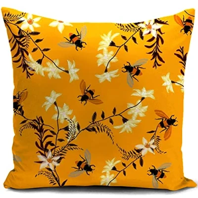 Afbeelding van HUASHUZI kussenhoes 40x40 cm kussen bij bijendecoratie bijen cadeau geel bijenmotief mosterdgeel bankkussen tuinmeubelen balkon woonkamer decoratief