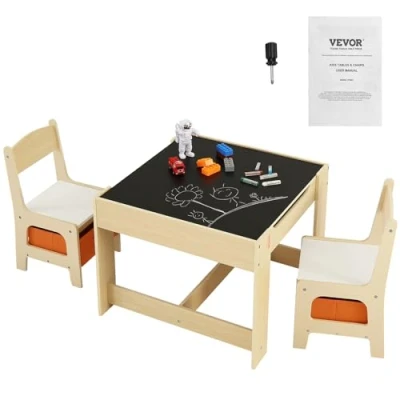 Afbeelding van VEVOR kinderzitgroep kindertafel, 2 kinderstoelen, 1 tafel, van P2 graden MDF, kindertafelset, stabiel kindermeubel met dubbelzijdig tafelblad en opbergdoos, kindermeubelset