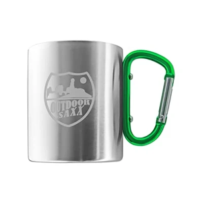 Afbeelding van OUTDOOR SAXX® Roestvrijstalen beker met karabijnhaak handvat en lasergravure (groen)