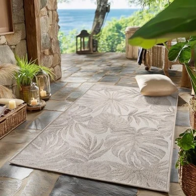 Afbeelding van SIMPEX Buiten Vloerkleed beige 80x250 cm, weerbestendig en UV bestendig, ideaal voor de keuken, balkon, terras, evenals woonkamer eetkamer, Palmbladeren design