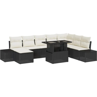 Afbeelding van vidaXL Tuinbank Set van 9 Zwart en crème Rattan polyester