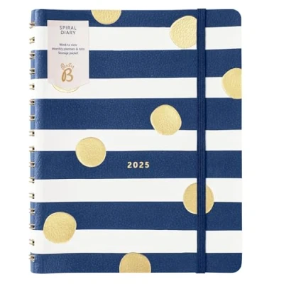 Afbeelding van Busy B Spiraal weekdagboek 2025 Navy Stripe &amp; Gold Spot Faux Leather Cover Week to View Laout, Notities, Maandelijkse Planners Tabs, Opbergzak Elastische Sluiting Band Jan Dec