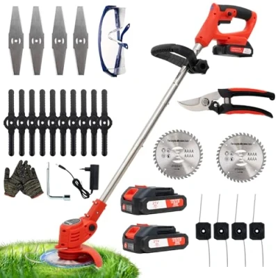 Afbeelding van Draadloze bosmaaier met accu, grastrimmer 2 batterijen, metalen paal, opvouwbaar, lengte 124 cm
